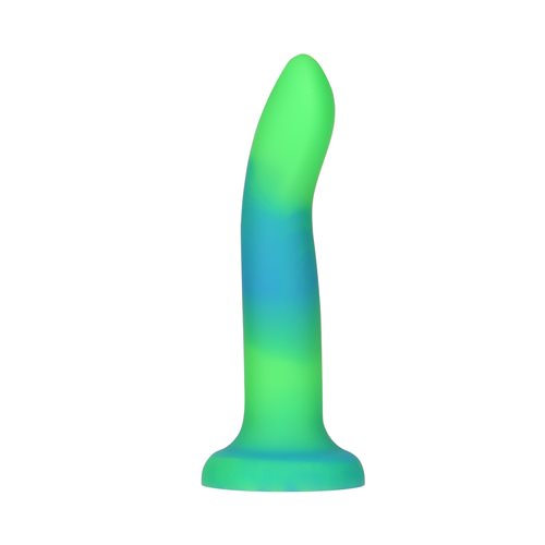 The blue and green Rave Addiction 8" Glow in the Dark Dildo.