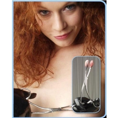 A closeup of a female model with red hair displays the Forcep O Clamp with Rubber Pads.