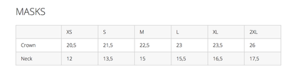 The size chart for the Latex Open Face Hood.