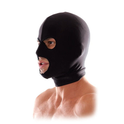 A model wearing the Spandex Hood with eye and mouth holes.