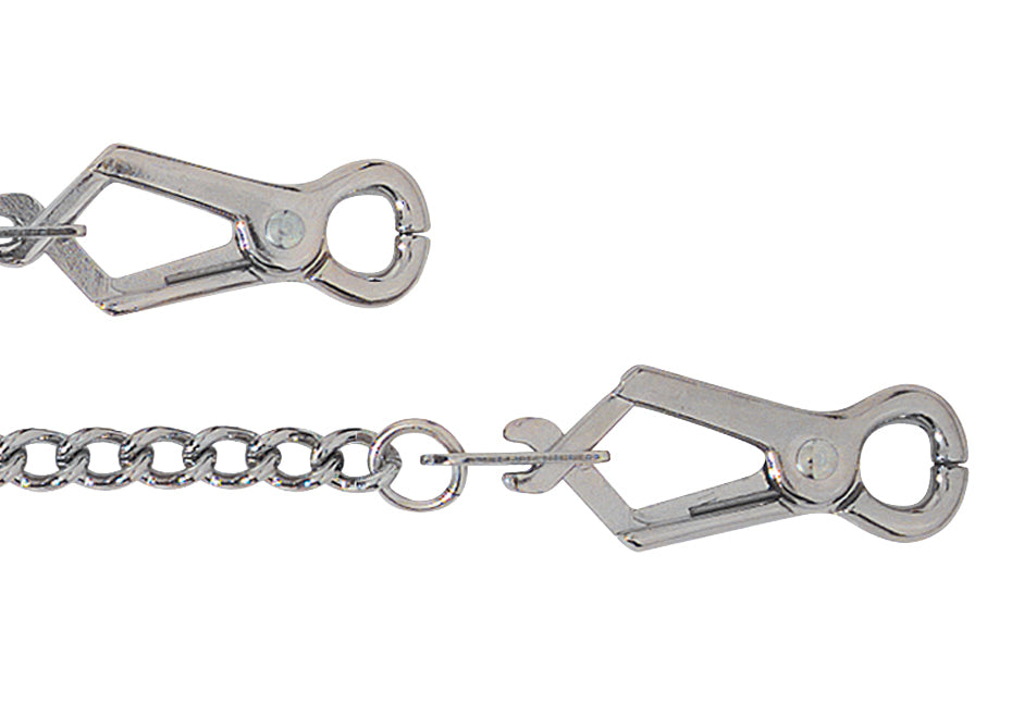A closeup of the clamps of the Pierced Tip Nipple Clamps With Chain.