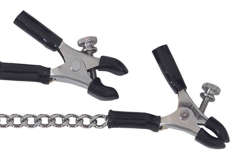 A close up of the clamps of the Adjustable Micro Pliers Nipple Clamps with Link Chain.