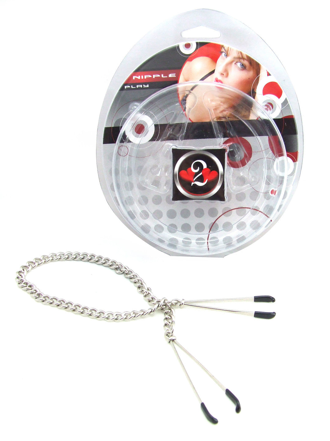 Tweezer Nipple Clamps with chain next to it's package.