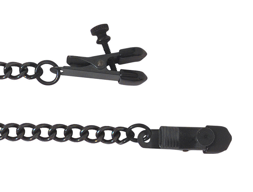 A closeup of the clamps on the The Blackline Adjustable Broad Tip Nipple Clamps.