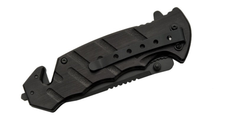 The Black Pocket Folding Knife, folded with the clip facing out.