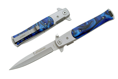 Two blue Stiletto Type Folding Knives, one in the open position, and one in the closed position.