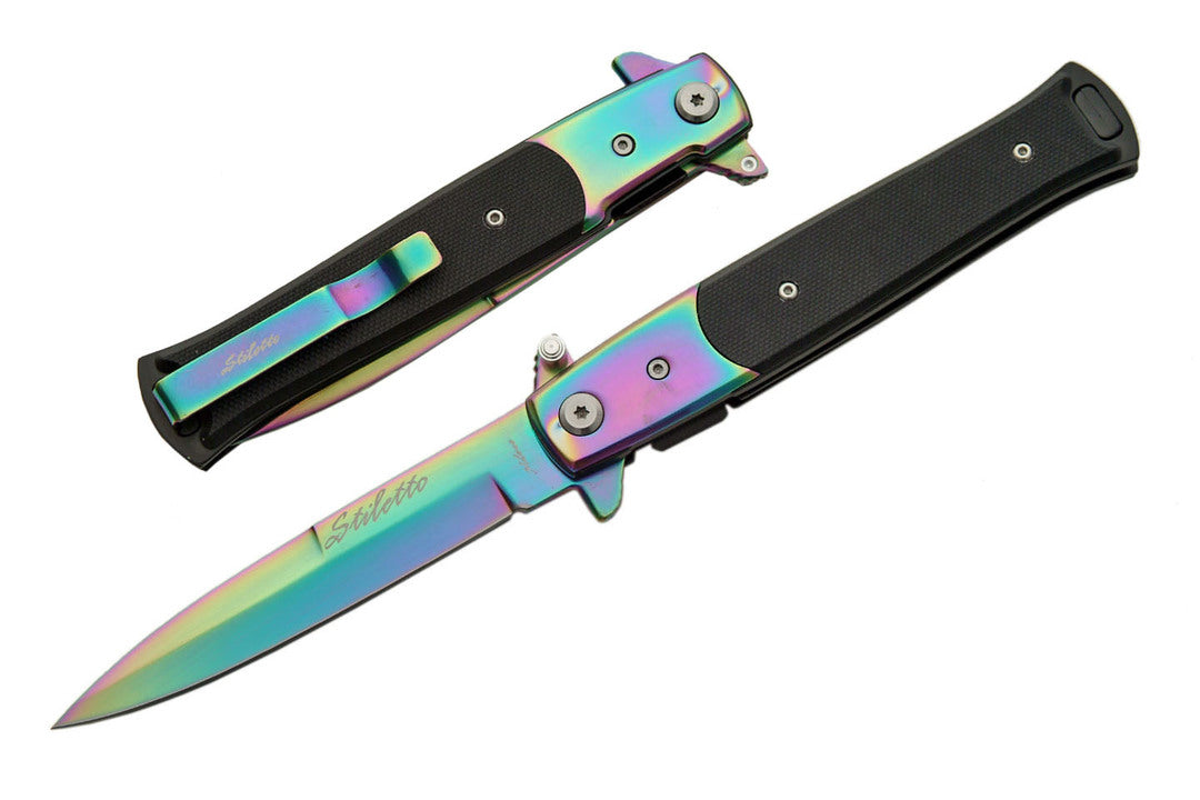 Two rainbow blade with black handle Stiletto Type Folding Knives, one in the open position, and one in the closed position.