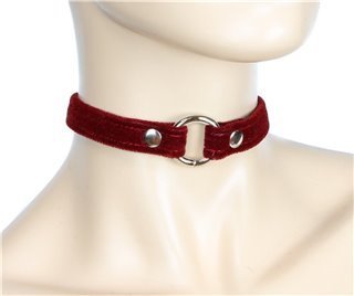A mannequin displaying the front of red Velvet Choker.