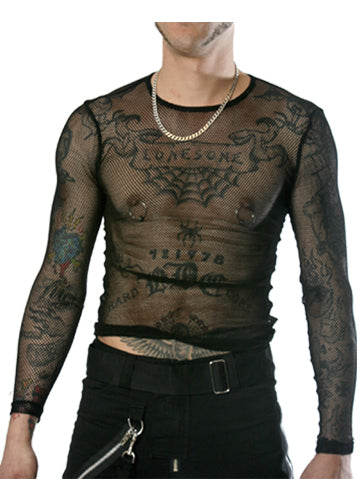 The front of the Long Sleeve Jewel Neck Fishnet Shirt on tattooed model.