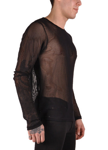 A model showing the right side of the black Long Sleeve Basic Fishnet Shirt.
