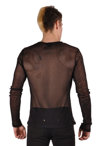 A model showing the back of the black Long Sleeve Basic Fishnet Shirt.