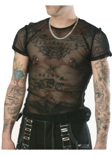 Tattooed model wearing the black Short Sleeve Fishnet T-Shirt with black pants, front view.