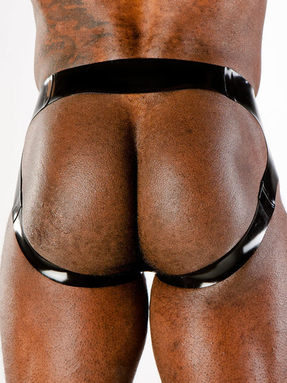 The black and yellow Latex Jock with Codpiece on a model, rear view.
