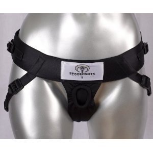 The front of the black Theo Thong Harness on a mannequin.