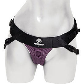 The front of the purple Theo Thong Harness on a mannequin.