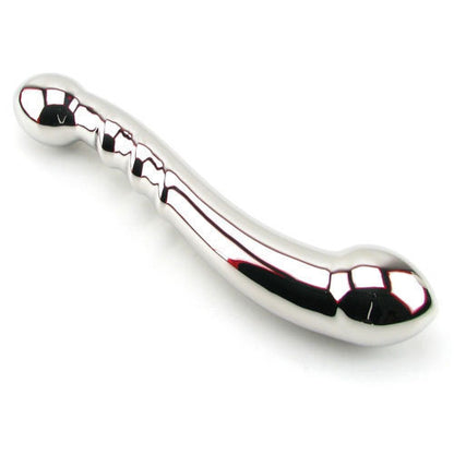 Eleven Stainless Steel Dildo lying on its side to emphasize outline of its ridges