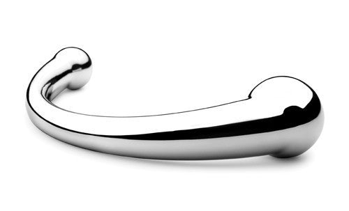 Pure Wand Steel Dildo lying on its side with curve facing camera