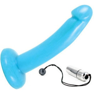 Turquoise w/ Vibe Mistress dildo tilted to the right