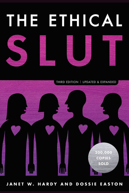 The front cover of The Ethical Slut. A black and purple background with the title across the top. An illustration of four people with hearts on their chests is across the bottom half of the book.