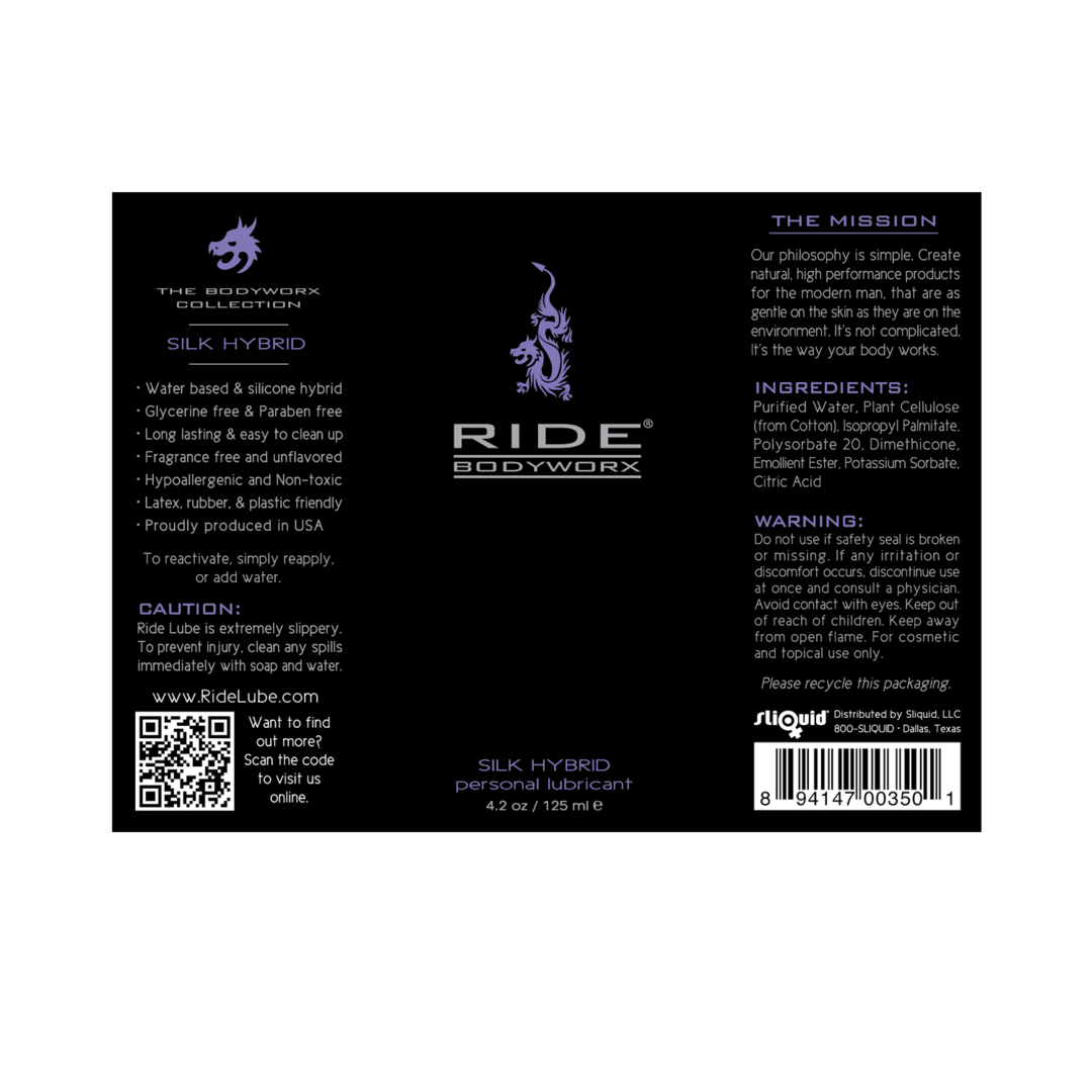 The label for the BodyWorx Ride Silk Lubricant.