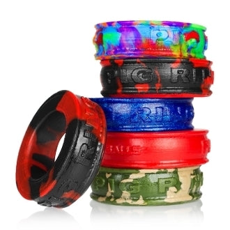 Pig-Ring Silicone Cock Ring in a multi-colored, assorted stack.