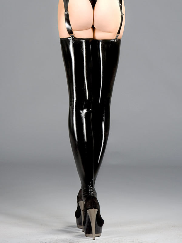 Black Latex Leg Sleeves on model.