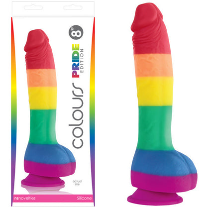 The rainbow Colours Pleasures Dildo next to its package.