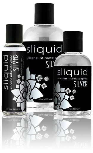Three different sized bottles of Sliquid Naturals Silver Lubricant.