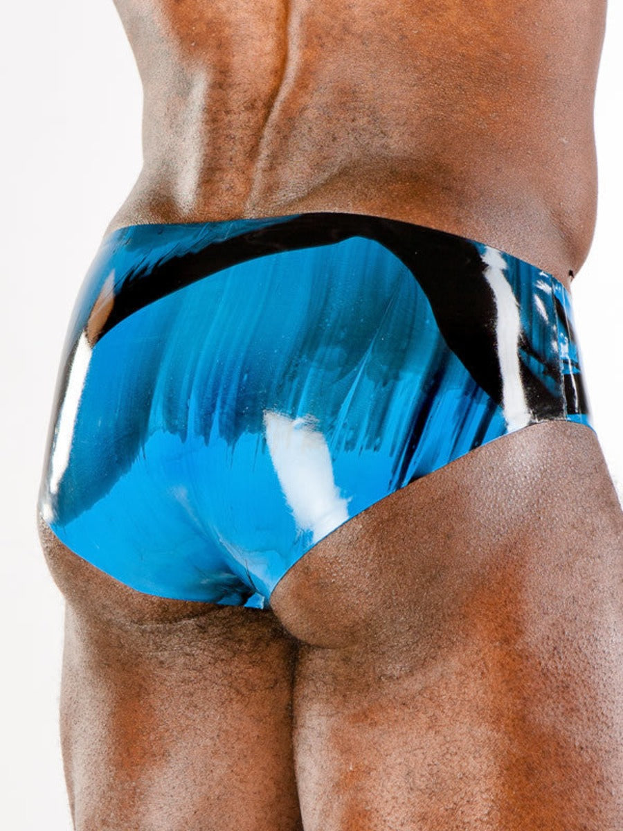The back of the ocean and black Marbled Latex Brief.