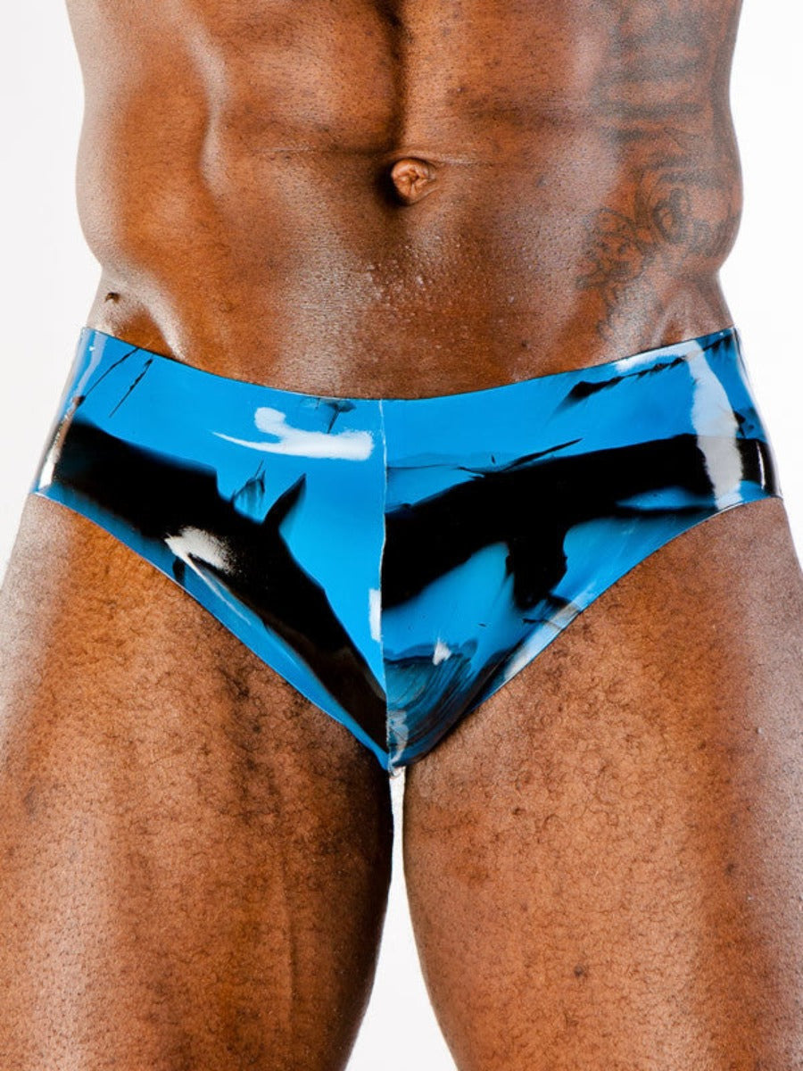 The front of the ocean and black Marbled Latex Brief.