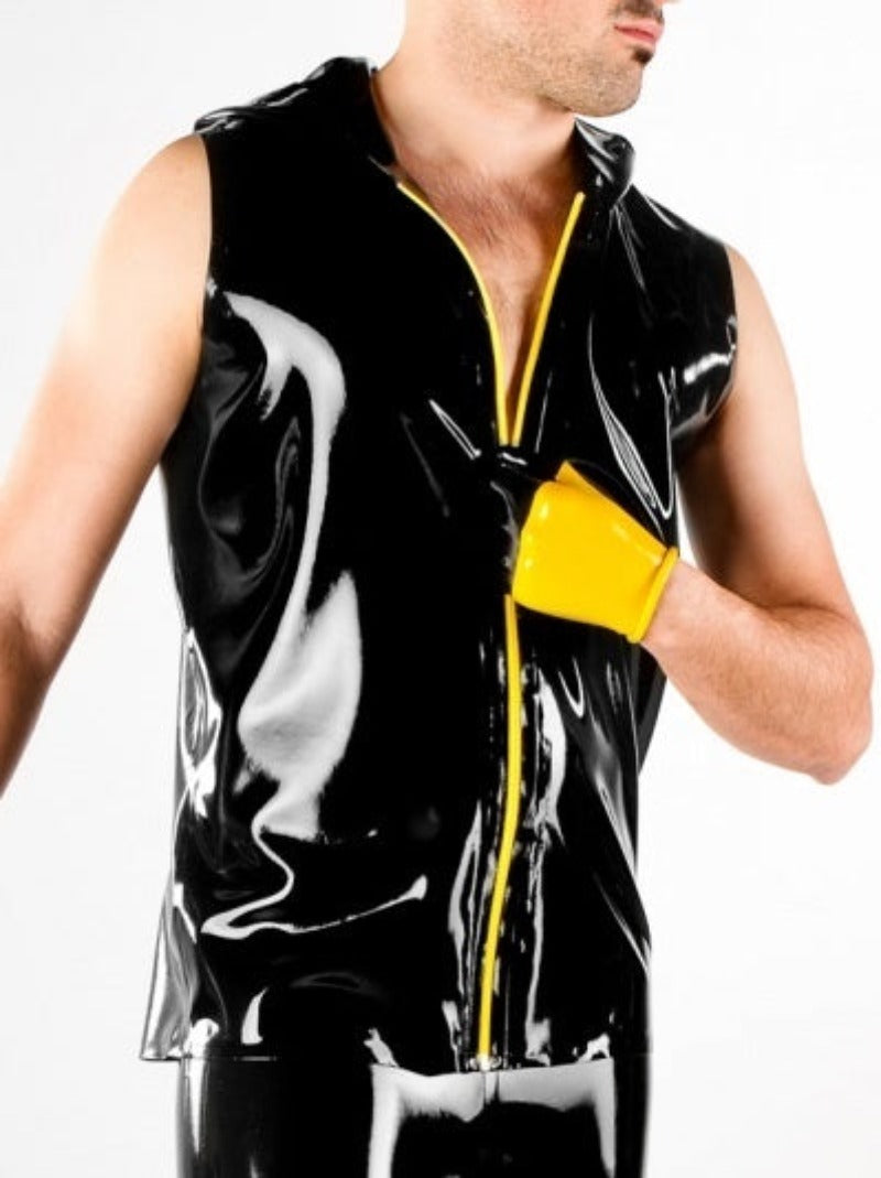 Black with yellow zipper Latex Hooded Vest with Zip on model, front view.