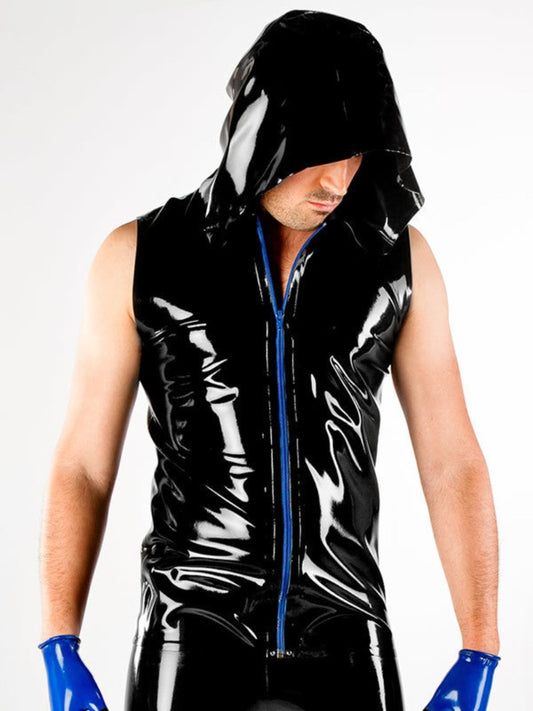Black with blue zipper Latex Hooded Vest with Zip on model, front view.