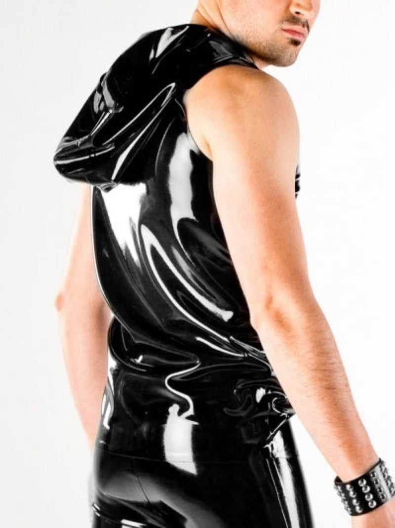 Black Latex Hooded Vest with Zip on model, rear view.