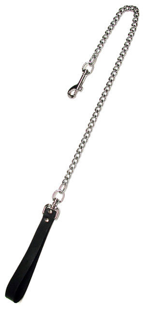 The Chain Leash with Leather Handle lying flat on a white surface.