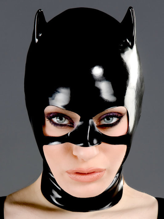Catwoman Style Latex Mask on a model, front view.