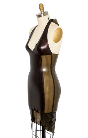 Left side view of the Black Brown Square halter dress on a mannequin.