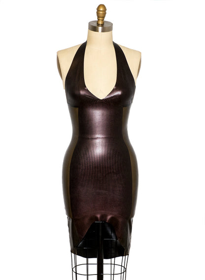 Front view of the Black Brown Square halter dress on a mannequin.
