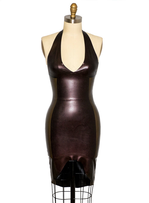Front view of the Black Brown Square halter dress on a mannequin.