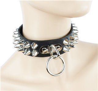 The Black and Silver 2 Row Cone Stud Collar with Ring on a mannequin head.