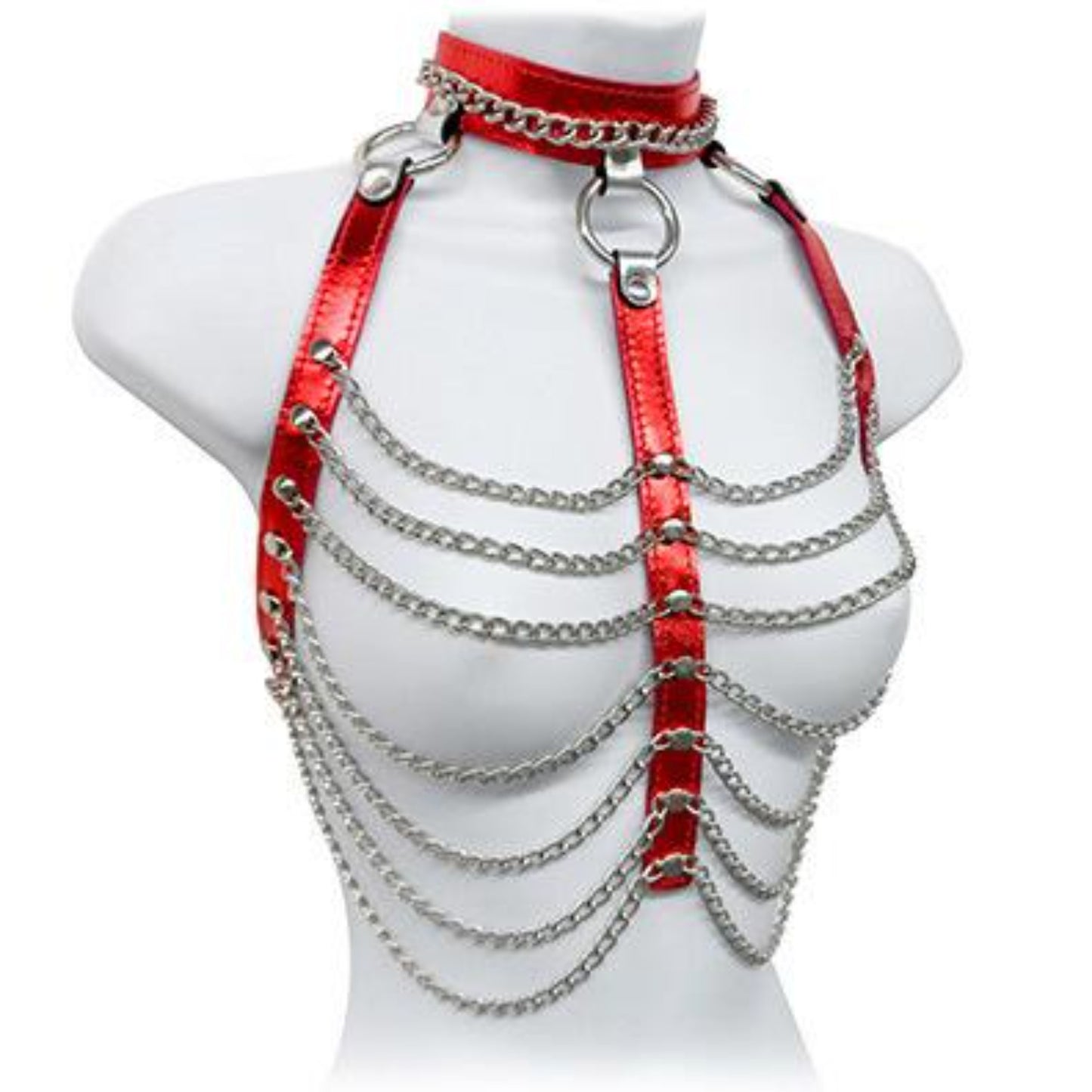 The red metallic leather and chain three column halter harness on a mannequin.