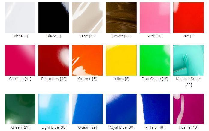 The standard color chart for the Latex Zip Front T-Shirt.