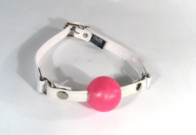 Pink silicone Ball Gag w/ White Leather Strap