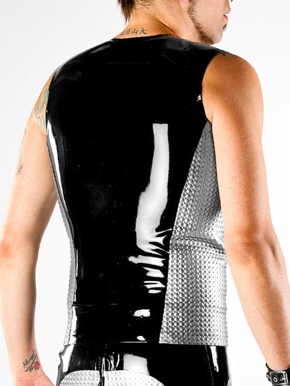 Latex Motocross Vest with Textured Panels in silver and black on model rear view