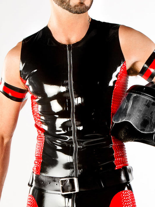 Latex Motocross Vest with Textured Panels close up on model in red and black frontal view