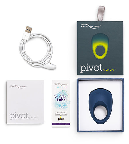 The  We-Vibe Pivot Cock Ring Vibrator with its box and accessories.