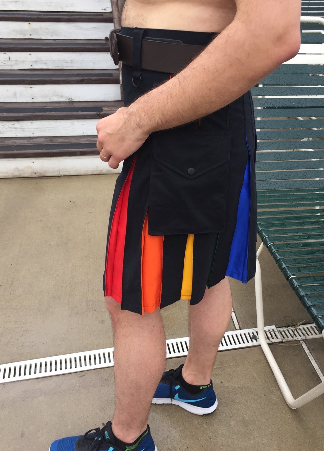 The left side of the Rainbow Pride Flag Cargo Kilt.