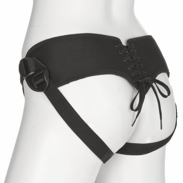 The back of the Vac U Lock Corset Harness with corset ties.