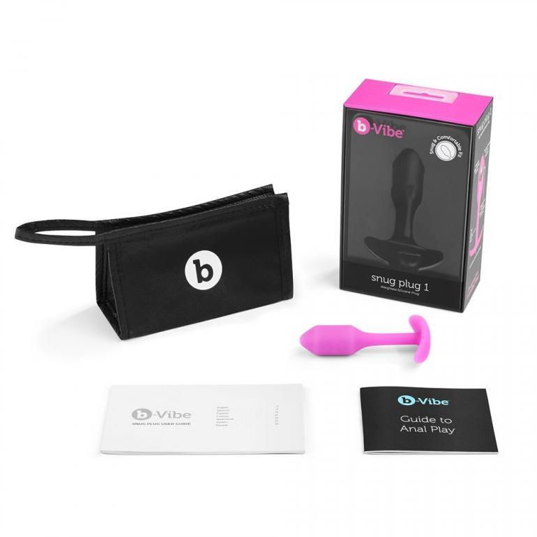 Size 1 fuchsia B-Vibe Snug Plug with carrying case and included guide to anal play