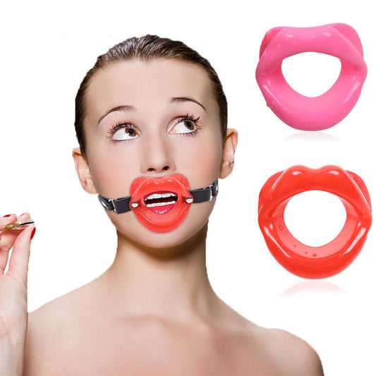 Lip Gag Red on Model with Pink and Red Gags next to her