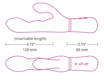 Nora Bluetooth Dual Vibrator with illustrated size dimensions.